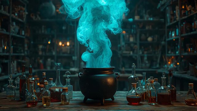 Dark alchemy room with glowing blue smoke rising from black cauldron surrounded by glass bottles