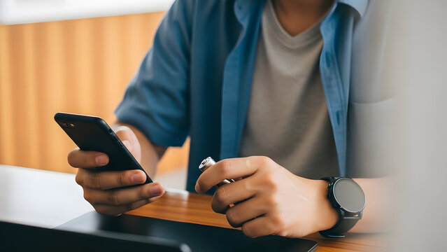Casual man holding a smartphone and a sleek digital device, showcasing modern communication and personal technology use - Powered by Adobe