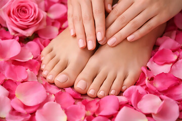 Hands gently resting on a pair of well-groomed feet, surrounded by vibrant pink rose petals.