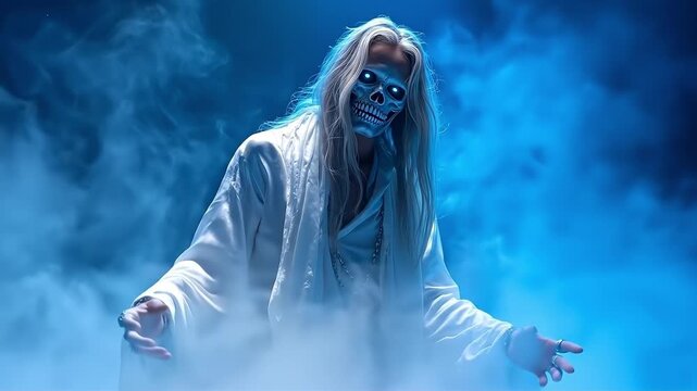 A woman in a white robe with a skeleton face painted on her face