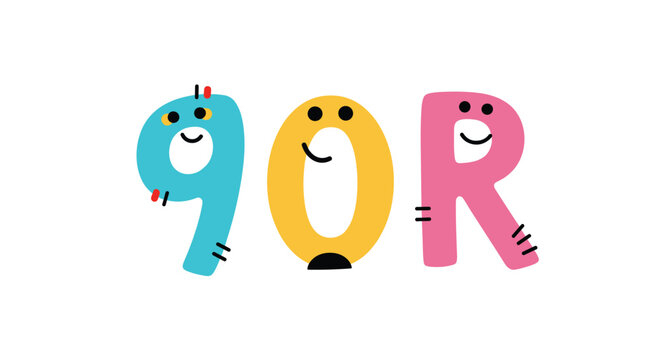 Cute and colorful cartoon letters spelling '90R' or 'gOR', with adorable smiling faces and little arms and legs on each character.