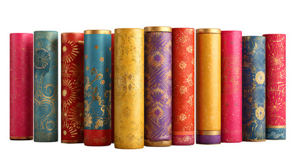 A vintage collection of colorful antique leather books forms a tall stack on a white background, representing a pile of classic literature and academic knowledge for school education and study