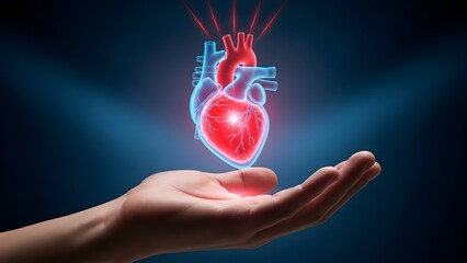 A glowing red heart hovering above an outstretched hand with blue veins and arteries visible on a dark background with radiant light
