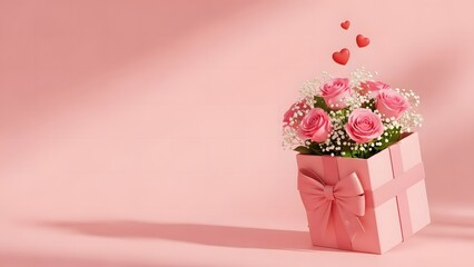 A beautiful bouquet of pink roses and baby's breath in a pink gift box with a bow on a pink background with heart balloons