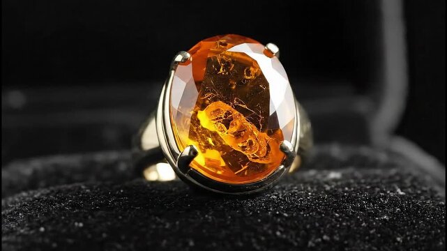 Glowing Amber Ring Jewelry Closeup with Stunning Facets and Studio Light.