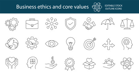 Business ethics and core values editable stroke outline icons set