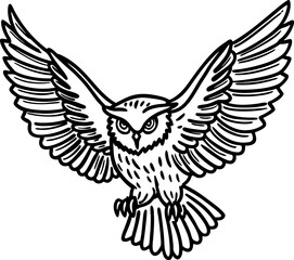 Fototapeta premium Flying owl with outstretched wings, detailed black and white illustration of a majestic bird of prey in flight