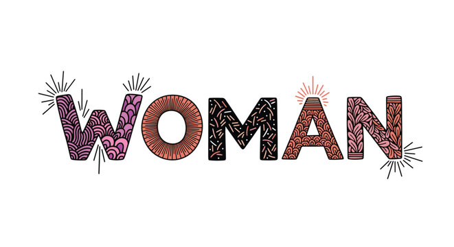 Decorative and artistic typography of the word 'Woman' with each letter filled with intricate, colorful patterns, celebrating femininity.