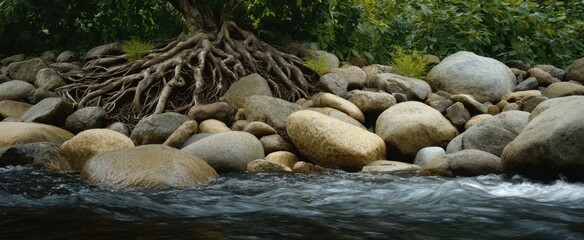 river stones secured by sturdy roots hold strong in the rushing stream