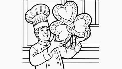 Children's coloring book - Chef demonstrates a decorated pretzel in the shape of a clover in the bakery kitchen