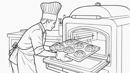 Children's coloring book - Chef placing tray of cookies into oven in kitchen setting  