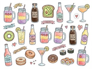 trendy food set of food and drink doodles bottles glasses and smoothie jars designed for greeting cards invitations and decor isolated on white background
