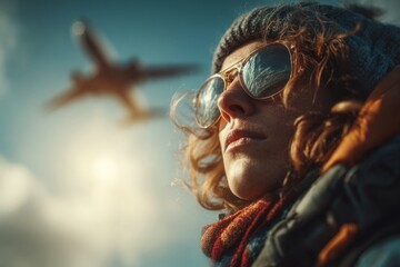 Close-up of traveler looking at airplane in the sky during sunny day