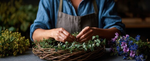playful hands spinning nature's colors into a vibrant seasonal wreath design