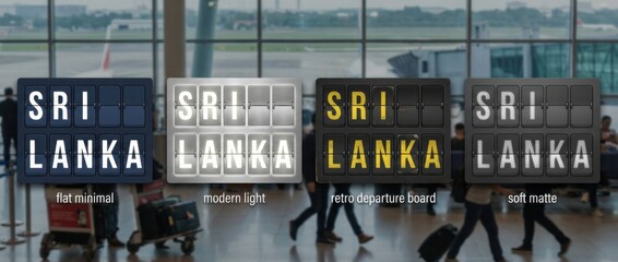 sri lanka airport split flap display title set with the word sri lanka spelled across flipboard tiles includes four different board styles