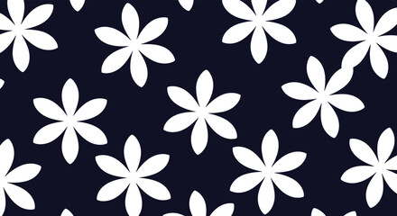 Seamless floral pattern featuring simple, stylized white seven-petal flowers scattered across a solid dark navy blue background design.
