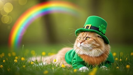 Orange tabby cat wearing green St. Patrick's Day hat and outfit, lounging on grass with vibrant rainbow in background, celebrating festive holiday spirit and joy