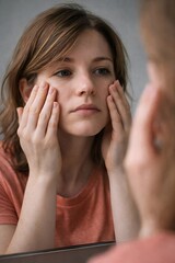 A woman examines her face in the mirror with concern