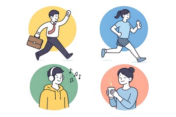 A vibrant illustration of people engaging in various fitness activities and daily routines