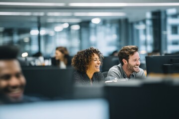 Coworkers share laughter in a modern office space during a workday