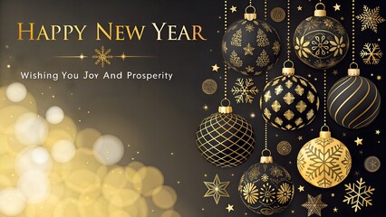Golden New Year ornaments with snowflakes and bokeh lights