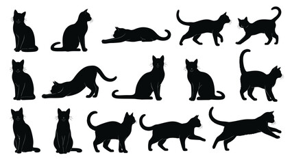 Collection of black cat silhouettes in various poses, showcasing different feline movements and postures.