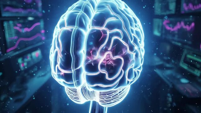 Artificial intelligence brain hologram analyzing data in a futuristic control room