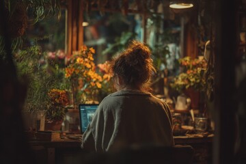 Person works on laptop in a garden at night surrounded by plants