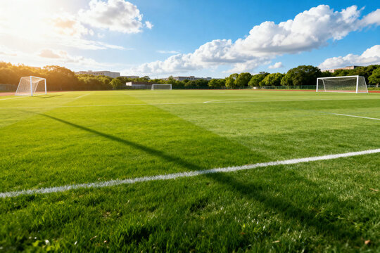 Sunlit Green Soccer Field with Goals