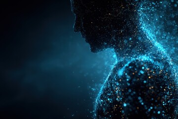 Silhouette of a figure surrounded by light particles at night