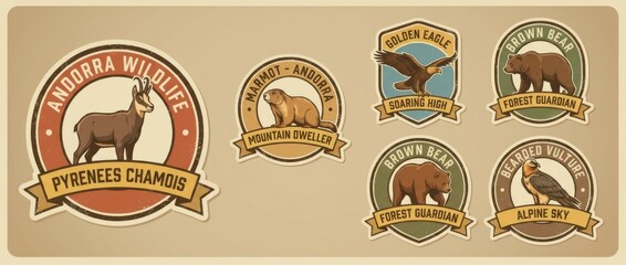andorra wildlife animals retro vintage sticker set featuring iconic animals native to andorra all stickers