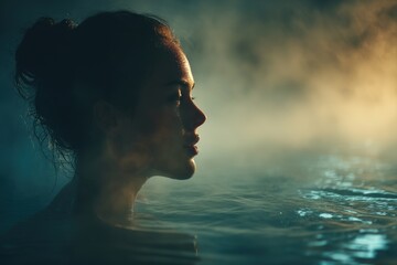 Woman's shoulders visible above water in misty environment during evening