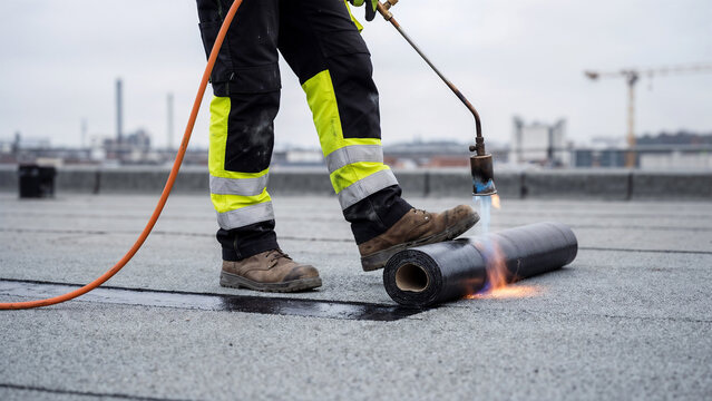 Professional Roofer Installing Bituminous Waterproofing Membrane Using Gas Blowpipe Torch on Flat Roof