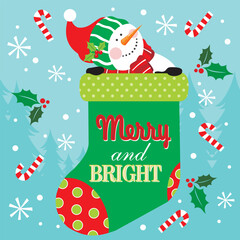 Christmas card with snowman on stocking