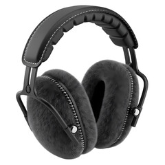 Black over-ear headphones with furry ear cushions, transparency cut-out
