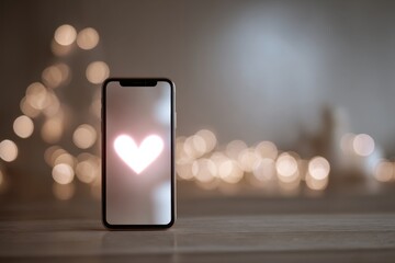 Smartphone displaying a glowing heart icon against urban bokeh lights, symbolizing online dating