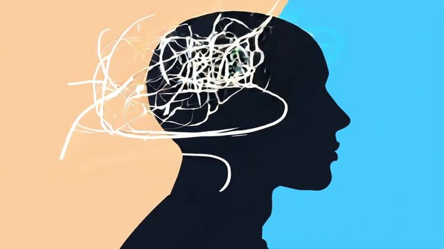 Abstract technology animation, side profile silhouette of human head, chaotic organic lines inside human thinking, transforming into clean digital lines particles, concept of artificial intelligence