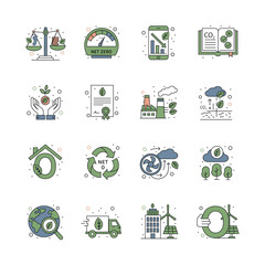 Net Zero and Carbon Credit Icon Set, Sustainable Emission Reduction Symbols, Carbon Neutrality and Environmental Conservation Vector Illustration