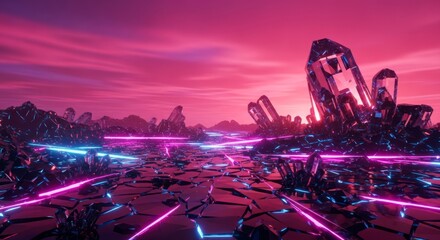 Futuristic Landscape with Neon Lights.