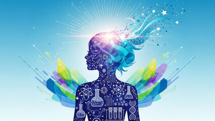 Vibrant illustration of a human silhouette with science and technology symbols emerging from a bright light representing innovation and knowledge