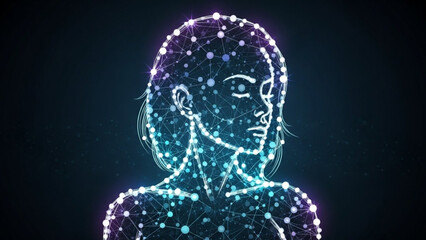 A futuristic illustration of a woman's head and shoulders with a network of glowing blue and white lines and dots on her face and body against a dark background