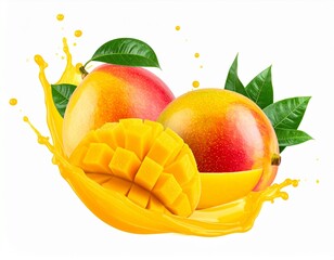 Juicy Mango Splashing in Liquid Isolated on White