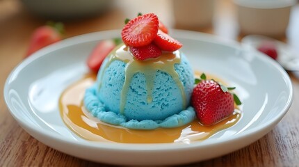 gelato decorated with strawberries and caramel sauce on a plate.