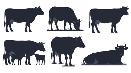 Collection of Silhouettes of Cows in Various Poses, Including Standing, Grazing, and Lying Down, with a Calf. © Friska