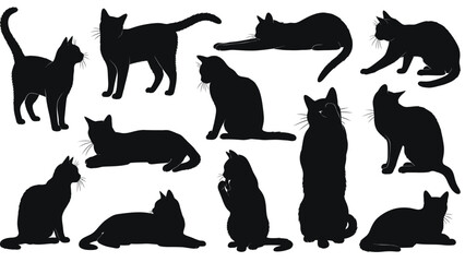 A collection of black cat silhouettes in various poses, showcasing different feline postures and movements. © Friska