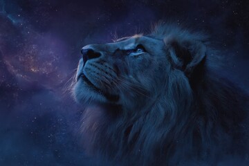 Fototapeta premium Dreamlike lion portrait with luminous mane under deep cosmic night, cinematic fantasy scene