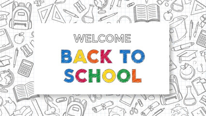 Welcome Back to School doodle illustration background graphic | Hand drawn sketch seamless pattern of school supplies and education elements | Back to school season sale banner template for marketing 