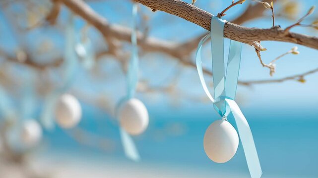 Easter eggs hanging from tree branches with blue ribbons moving in the wind, a spring holiday atmosphere.