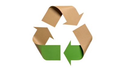 A 3D illustration of a recycling symbol made with folded brown and green paper pieces against a black backdrop