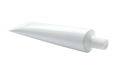 A 3D render of a blank, white, squeeze tube for product packaging, laying flat with cap on. Glossy finish